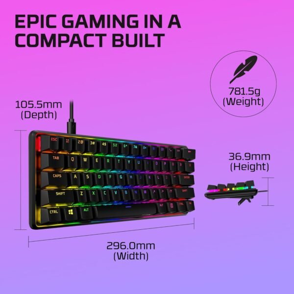 HyperX Alloy Origins 60 – Mechanical Gaming Keyboard - Ultra Compact 60% Form Factor – HyperX Aqua Switch (Tactile) - Double shot PBT keycaps - RGB LED Backlit -Side Printed Secondary Functions - Image 10