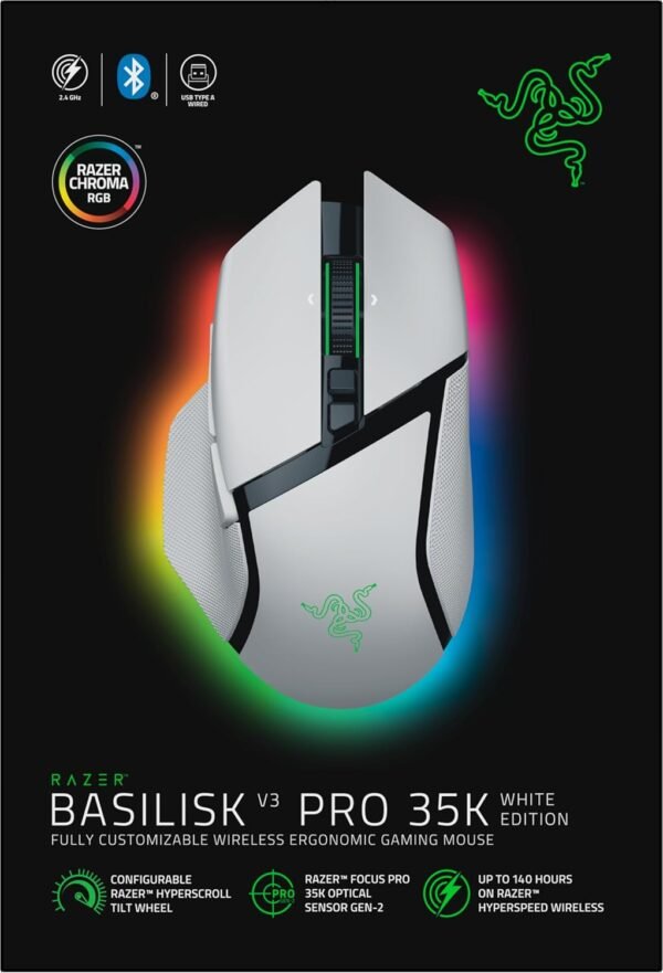 Razer Basilisk V3 Pro 35K - Fully Customizable Wireless Ergonomic Gaming Mouse with Chroma RGB - 35K Optical Sensor (Configurable Tilt Wheel, 1K Hz Polling Rate, 13 Customizable Controls) White - Image 10