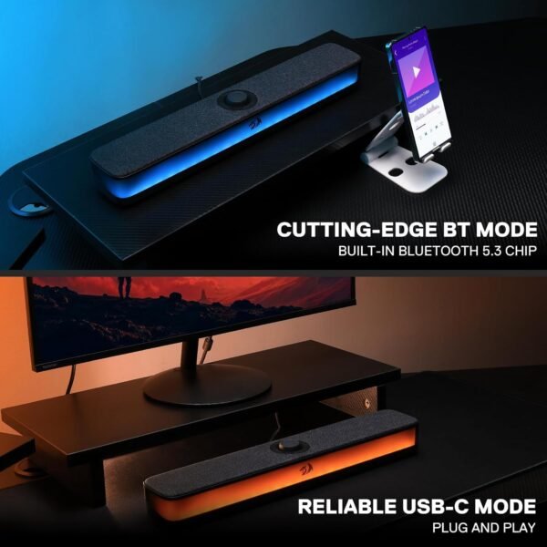 Redragon GS515 RGB Desktop Soundbar, 2.0 Channel Stereo Computer Speakers for Desktop with BT 5.3, USB-C/USB Powered, Black - Image 3
