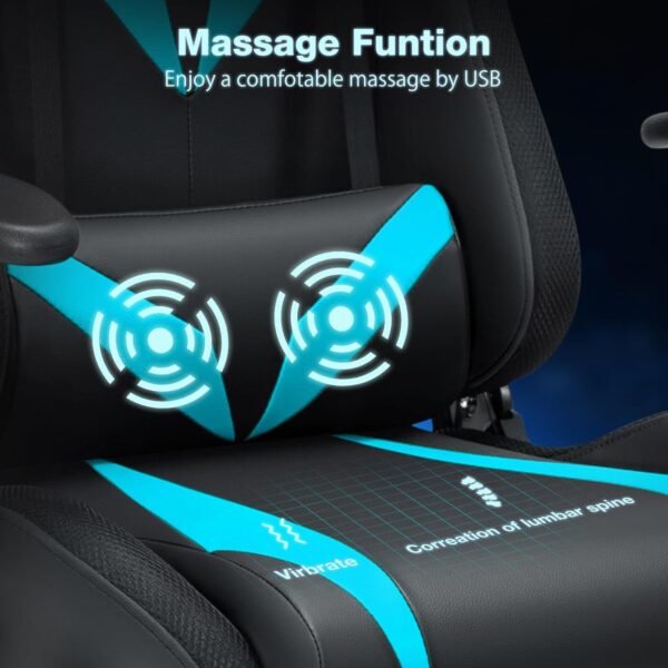 HOFFREE Gaming Chair with Bluetooth Speakers and LED Lights, Gaming Chair with Reclining Footrest, High Back Computer Gaming Chair - Blue and Black - Image 6