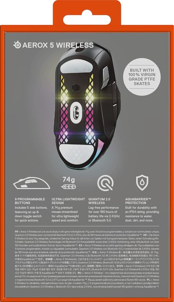 SteelSeries Aerox 5 Wireless - Holey RGB Gaming Mouse - Ultra-lightweight Water Resistant Design - 9 Buttons - Lag-free 2.4GHz / Bluetooth Wireless - 18K DPI TrueMove Air Optical Sensor - Image 16