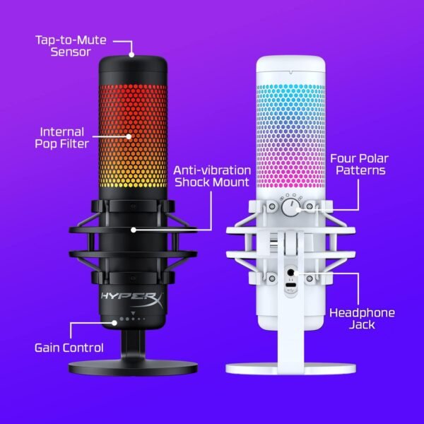 HyperX QuadCast S – RGB USB Condenser Microphone for PC PS5 Mac Anti-Vibration Shock Mount 4 Polar Patterns Pop Filter Gaming, Streaming, Podcasts, Twitch, YouTube, Discord – White (Renewed) - Image 4
