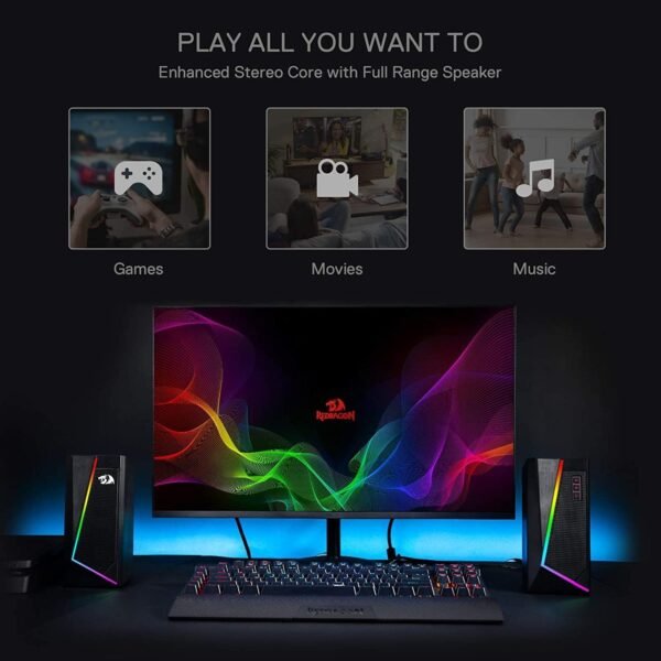 Redragon GS520 Anvil RGB Desktop Speakers, 2.0 Channel PC Computer Stereo Speaker with 6 Colorful LED Modes, Enhanced Bass and Easy-Access Volume Control, USB Powered w/ 3.5mm Cable - Image 6