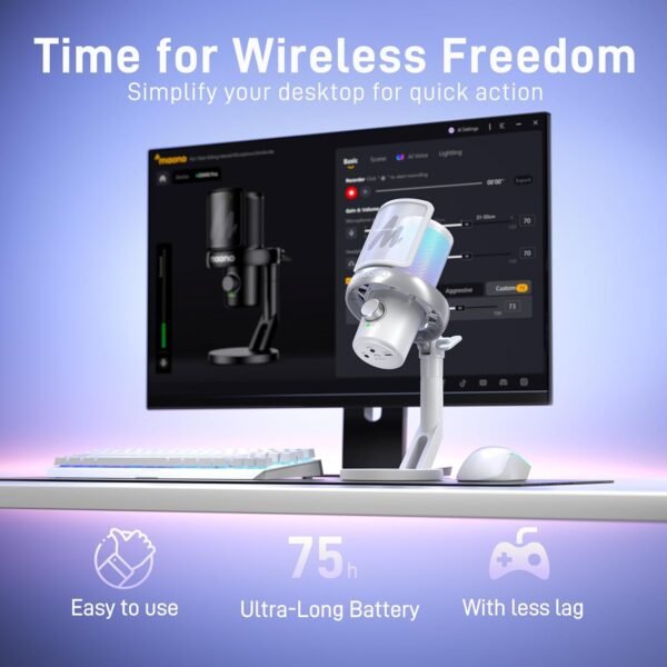 MAONO Microphone Wireless for PC, USB Microphone with Software AI Voice Change, Three-Level Noise Cancellation, Custom RGB Light, Mute, for Gaming, Podcasting, Streaming, Recording, DM40 Pro White - Image 2