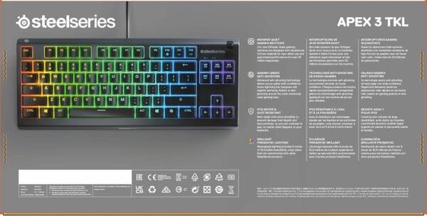 SteelSeries Apex 3 TKL - RGB Gaming Keyboard - Tenkeyless Compact Esports Form Factor - 8-Zone RGB Illumination - IP32 Water & Dust Resistant - English QWERTY Layout , Black - Image 15