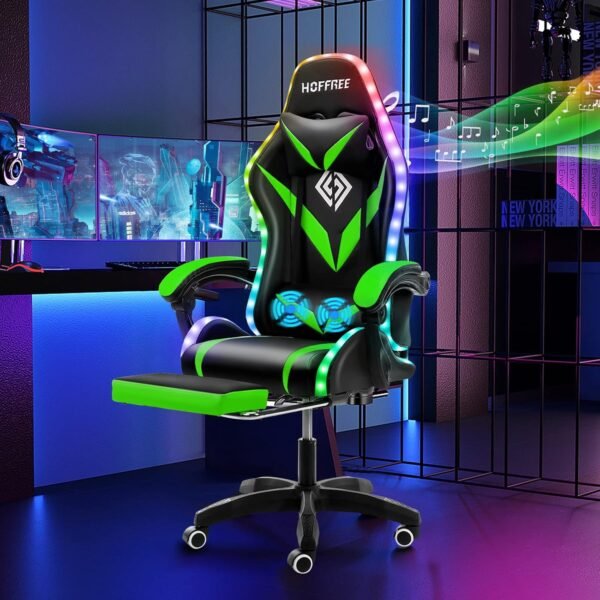 HOFFREE Gaming Chair with Bluetooth Speakers and Led Lights Massage Computer Gamer Chair with Footrest Ergonomic Video Game Chair for Adults Green and Black