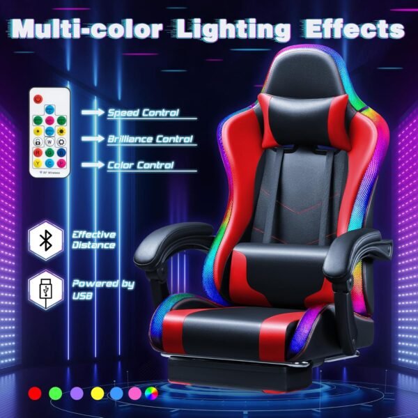 Shahoo Gaming Chair with LED RGB Lights, Footrest and Massage Lumbar Support, Ergonomic Computer Seat Height Adjustable with 360°Swivel and Headrest, Red - Image 7