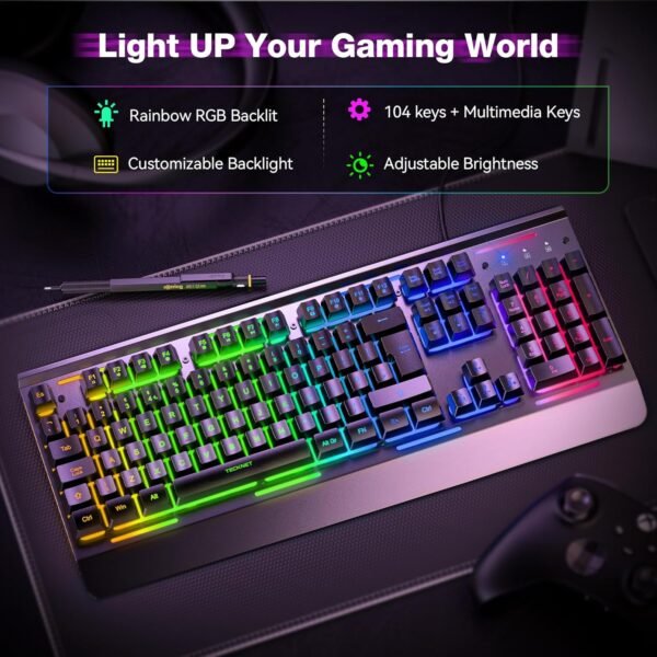 TECKNET RGB Gaming Keyboard UK Layout, USB Wired Computer Keyboard with 15-Zone RGB Illumination, All-Metal Panel, 25 Anti-ghosting Keys, 105 Keys, IP32 Water & Dust Resistant, 90% Quiet Keyboards - Image 2