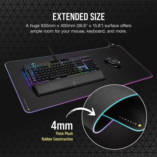 Corsair MM700 RGB Extended Cloth Gaming Mouse Pad - 36.6" x 15.8" - 360° RGB Lighting - Two USB Port Hub - Thick Rubber - Black (Renewed) - Image 4