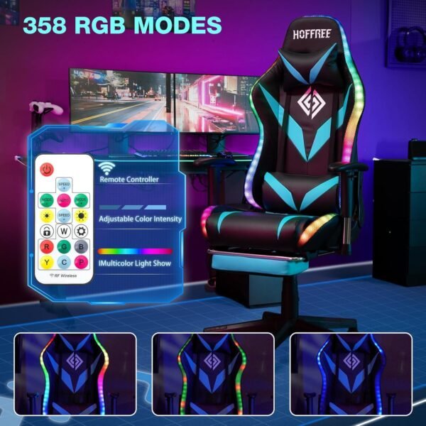 HOFFREE Gaming Chair with Bluetooth Speakers and LED Lights, Gaming Chair with Reclining Footrest, High Back Computer Gaming Chair - Blue and Black - Image 5