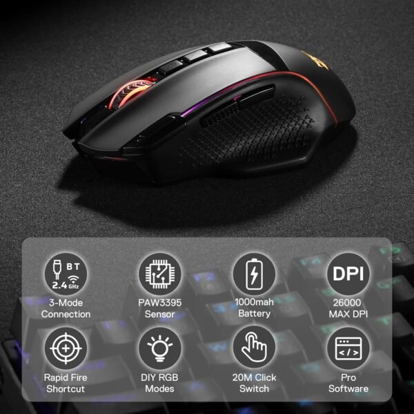 Redragon M991 Wireless Gaming Mouse, 19000 DPI Wired/Wireless Gamer Mouse with Professional Sensor, Durable Power Capacity, Customizable Macro and RGB Backlight for PC/Mac/Laptop - Image 2