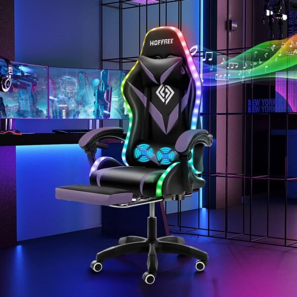 HOFFREE Gaming Chair Massage with Bluetooth Speakers and Led Lights Ergonomic Computer Gaming Chair with Footrest RGB Video Game Chair with High Back Lumbar Support Purple and Black