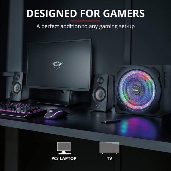Trust Gaming GXT 629 Tytan RGB 2.1 PC Gaming Speaker System, Sound System with with Subwoofer, UK Plug, LED Illuminated RGB, 120 W Peak Power, Stereo Sound System - Black - Image 4