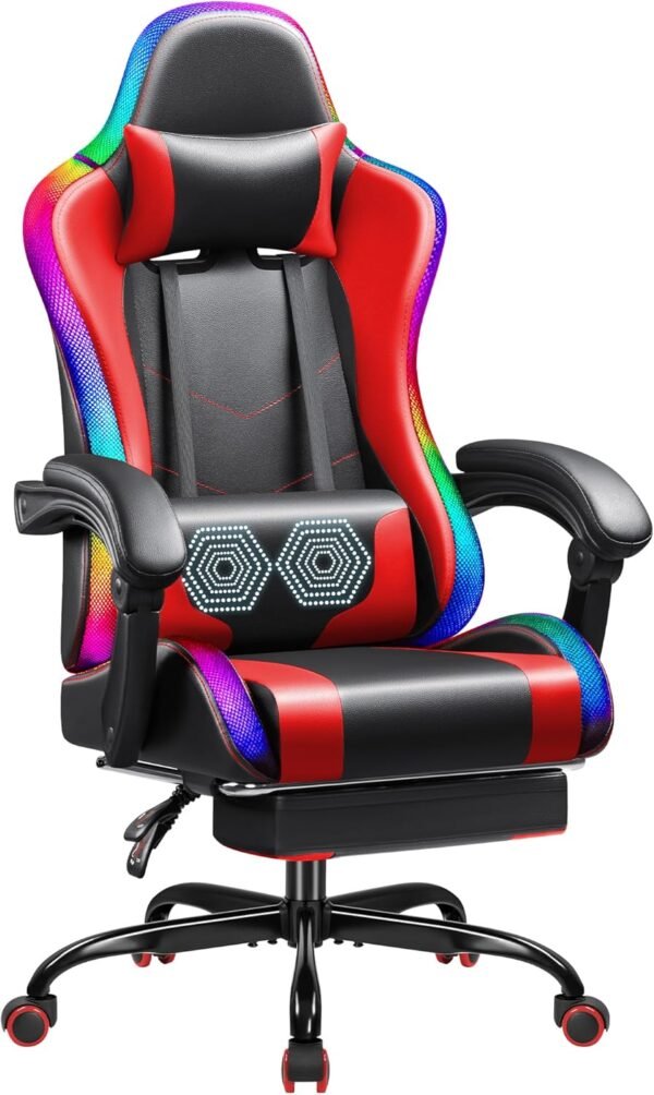 Shahoo Gaming Chair with LED RGB Lights, Footrest and Massage Lumbar Support, Ergonomic Computer Seat Height Adjustable with 360°Swivel and Headrest, Red