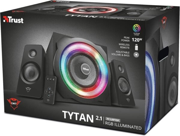 Trust Gaming GXT 629 Tytan RGB 2.1 PC Gaming Speaker System, Sound System with with Subwoofer, UK Plug, LED Illuminated RGB, 120 W Peak Power, Stereo Sound System - Black - Image 11