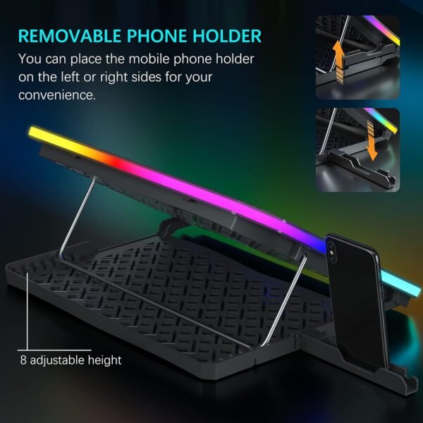 TopMate C12 Laptop Cooling Pad RGB Gaming Notebook Cooler for Desk and Lap Use, Laptop Fan Stand 8 Adjustable Heights with 6 Quiet Fans and Phone Holder, for 15.6-17.3 Inch Laptops -Ice Blue LED Light - Image 4