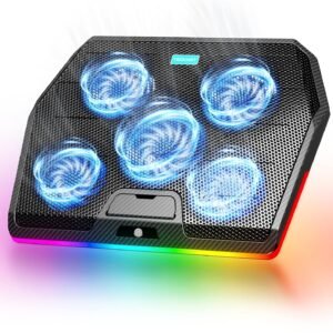 TECKNET Laptop Cooling Pad,RGB Laptop Cooler With 5 Quiet Fans,Gaming Laptop Cooling Stand with Touch Button and 2 USB Ports,3 Height Adjustable Laptop Fan fits 12"-19" Notebooks