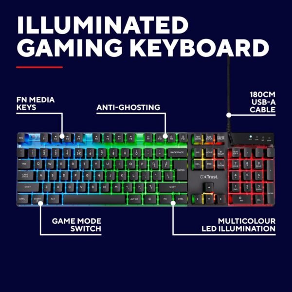 Trust Gaming GXT 835 Azor Gaming Keyboard with QWERTY UK Layout, LED Lighting, Game Mode, 12 Multimedia Keys, Anti-ghosting, Membrane Wired USB Keyboard for PC, Computer, Laptop - Black - Image 3