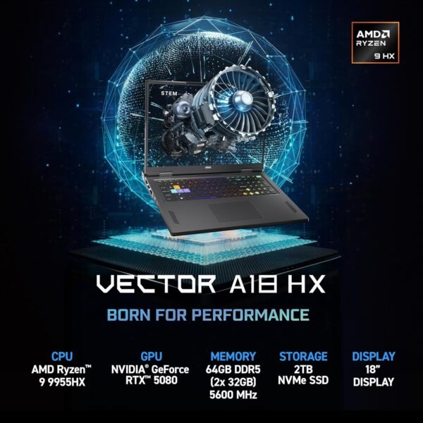 MSI Vector A18 HX 18” 240Hz QHD+ Gaming Laptop: AMD Ryzen 9-9955HX, NVIDIA Geforce RTX 5080, 64GB DDR5, 2TB NVMe SSD, Type C, Wi-Fi 7, Win 11 Pro: Cosmo Gray A9WIG-076US - Image 2