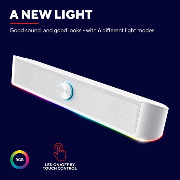 Trust Gaming GXT 619W Thorne PC Soundbar, 12W Peak Power, RGB Lighting, PC Speakers AUX 3.5 mm Jack, USB Powered Sound Bar, Compact Stereo Speaker for Computer, Desktop, Laptop - White - Image 4