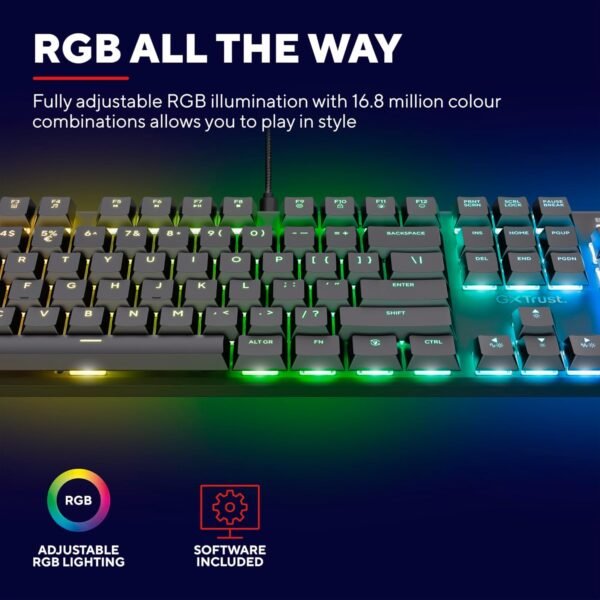 Trust Gaming GXT 866 Torix Mechanical Keyboard UK Layout, Linear Huano Switches, RGB Illumination, Anti-Ghosting N-Key Rollover, Low Profile Programmable USB Gaming Keyboard PC Laptop - Black - Image 6