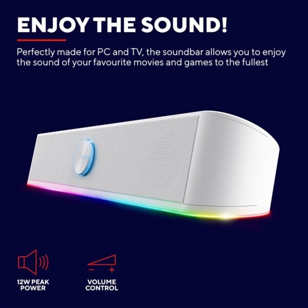 Trust Gaming GXT 619W Thorne PC Soundbar, 12W Peak Power, RGB Lighting, PC Speakers AUX 3.5 mm Jack, USB Powered Sound Bar, Compact Stereo Speaker for Computer, Desktop, Laptop - White - Image 2