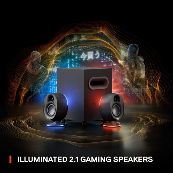 SteelSeries Arena 7 - Illuminated 2.1 Gaming Speakers – 2-Way Speaker Design – Powerful Bass, Subwoofer – USB, Aux, Optical, Wired – Bluetooth – PC, PlayStation, Mobile, Mac - UK Plug - Image 2