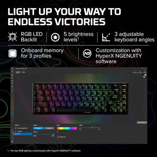 HYPERX 4P5D6AA Alloy Origins 65-Mechanical Gaming Keyboard-Ultra Compact 65% Form Factor – Red Switch (Linear)-Double shot PBT keycaps-RGB LED Backlit - Side Printed Secondary Functions,Black - Image 6