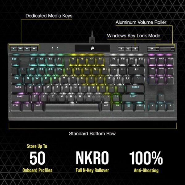 Corsair K70 RGB TKL CHAMPION SERIES Tenkeyless Optical-Mechanical Gaming Keyboard (OPX RGB Keyswitches, PBT Double-Shot Keycaps, Detachable USB-C Cable) QWERTY, NA Layout - Black - Image 8
