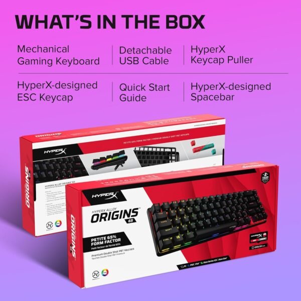 HYPERX 4P5D6AA Alloy Origins 65-Mechanical Gaming Keyboard-Ultra Compact 65% Form Factor – Red Switch (Linear)-Double shot PBT keycaps-RGB LED Backlit - Side Printed Secondary Functions,Black - Image 10