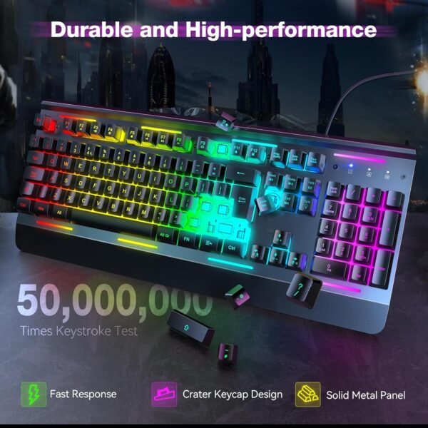 TECKNET RGB Gaming Keyboard UK Layout, USB Wired Computer Keyboard with 15-Zone RGB Illumination, All-Metal Panel, 25 Anti-ghosting Keys, 105 Keys, IP32 Water & Dust Resistant, 90% Quiet Keyboards - Image 5