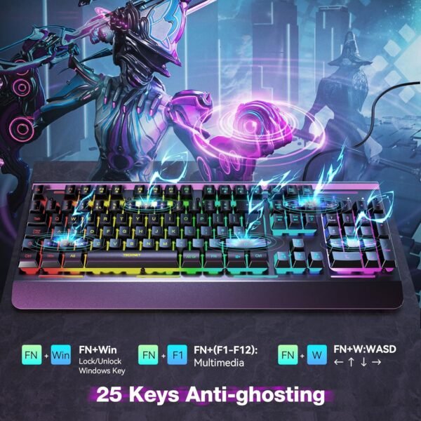 TECKNET RGB Gaming Keyboard UK Layout, USB Wired Computer Keyboard with 15-Zone RGB Illumination, All-Metal Panel, 25 Anti-ghosting Keys, 105 Keys, IP32 Water & Dust Resistant, 90% Quiet Keyboards - Image 4
