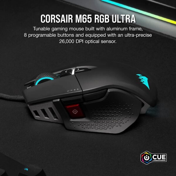 CORSAIR M65 RGB ULTRA Wired Tunable FPS Gaming Mouse – 26,000 DPI – Optical Switches – Weight System – AXON Hyper-Processing Technology – iCUE Compatible – PC, Mac, PS5, PS4, Xbox – Black - Image 2