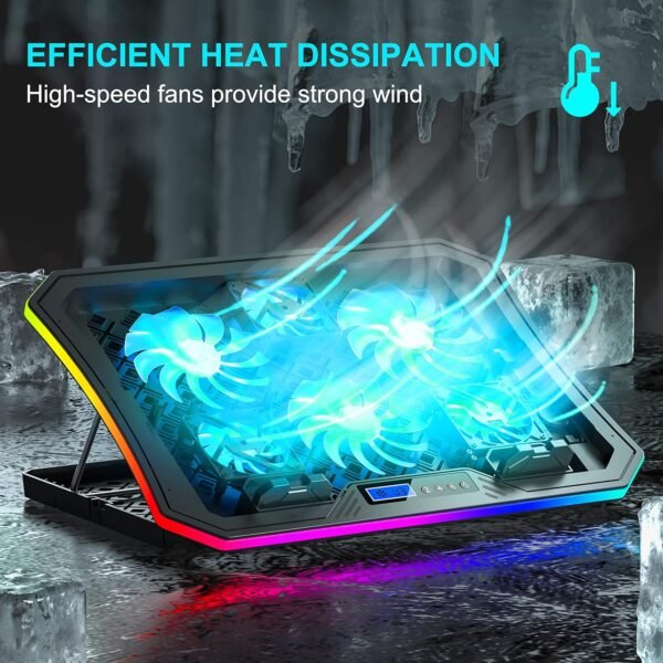 TopMate C12 Laptop Cooling Pad RGB Gaming Notebook Cooler for Desk and Lap Use, Laptop Fan Stand 8 Adjustable Heights with 6 Quiet Fans and Phone Holder, for 15.6-17.3 Inch Laptops -Ice Blue LED Light - Image 2