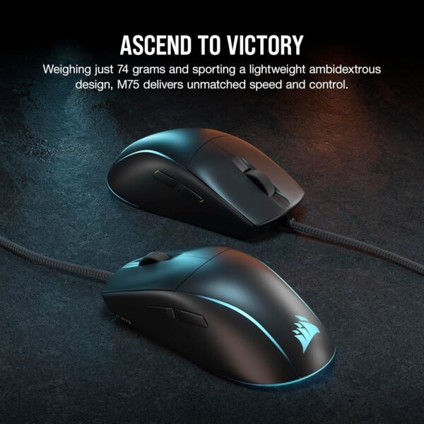 Corsair M75 Wired RGB Lightweight FPS Gaming Mouse – 26,000 DPI – Swappable Side Buttons – PC – Black - Image 2