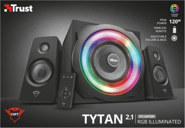 Trust Gaming GXT 629 Tytan RGB 2.1 PC Gaming Speaker System, Sound System with with Subwoofer, UK Plug, LED Illuminated RGB, 120 W Peak Power, Stereo Sound System - Black - Image 12