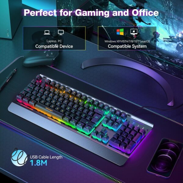 TECKNET RGB Gaming Keyboard UK Layout, USB Wired Computer Keyboard with 15-Zone RGB Illumination, All-Metal Panel, 25 Anti-ghosting Keys, 105 Keys, IP32 Water & Dust Resistant, 90% Quiet Keyboards - Image 7