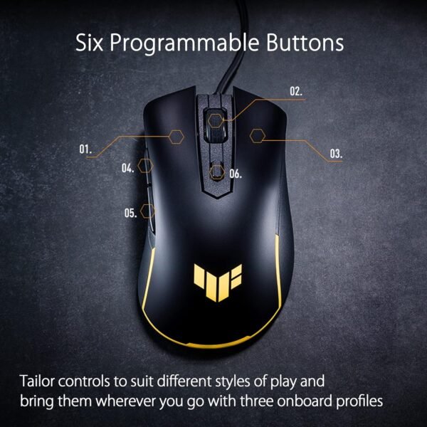ASUS TUF Gaming M3 Gen II Gaming Mouse, Wired, 59g Lightweight, IP56 dust & Water Resistance, Antibacterial Guard, 8K DPI Optical Sensor, 6 Programmable Buttons, Teflon Mouse feet, Black - Image 6