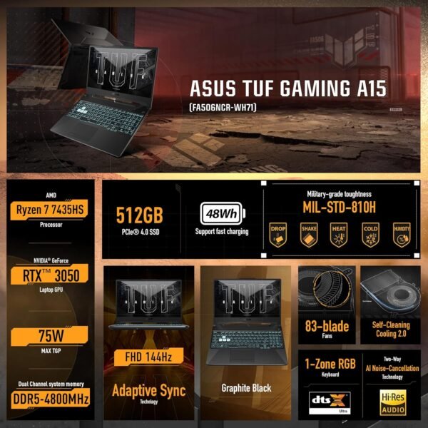 ASUS TUF A15 Gaming Laptop - 15.6" 144Hz Full HD Display, GeForce RTX 3050, AMD Ryzen 7 7435HS, 8GB DDR5 RAM, 512GB PCIe SSD, Wi-Fi 6, Windows 11 - Image 2