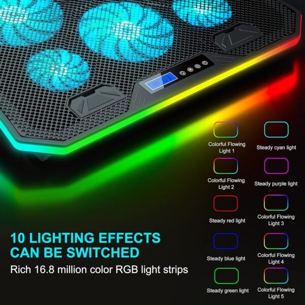 TopMate C12 Laptop Cooling Pad RGB Gaming Notebook Cooler for Desk and Lap Use, Laptop Fan Stand 8 Adjustable Heights with 6 Quiet Fans and Phone Holder, for 15.6-17.3 Inch Laptops -Ice Blue LED Light - Image 3